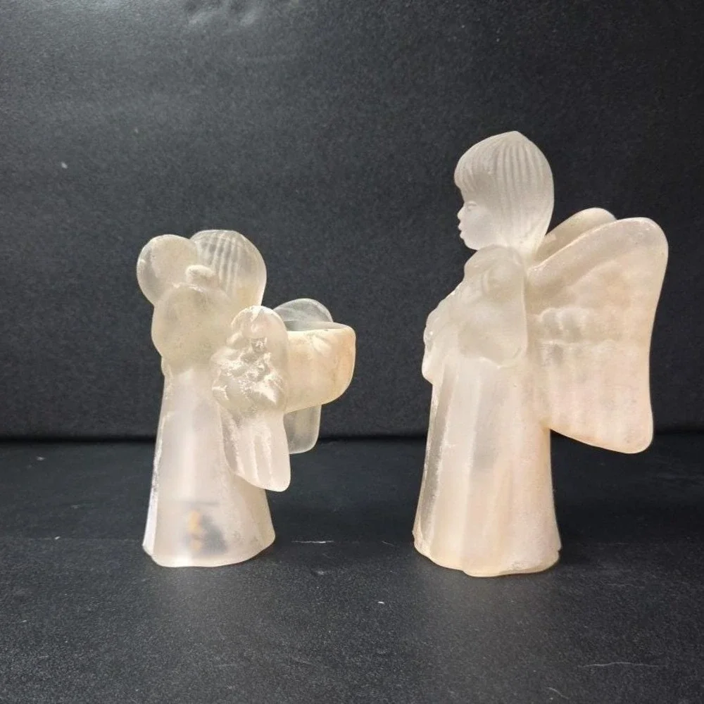 Frosted Glass Angel Candleholders, Set of 2, Vtg Candlestick Holders, Sculptures